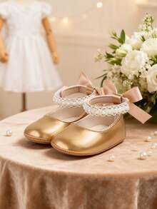 Sepatu Flat Mary Jane untuk Bayi Perempuan Baru Lahir, Dekorasi Pita, Sol Lembut Anti Selip, Sepatu Bayi Pra-berjalan dari Kulit PU, Pita Mutiara - Emas - View 15