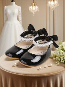Newborn Infant Girls' Mary Jane Flats With Bow, Non-Slip Soft Bottom PU Leather Infant Prewalker Shoes With Pearl Ribbon - Black - View 12