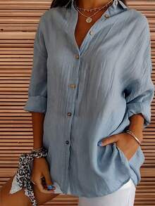 Women's Lightweight Long-Sleeved Blouse, Casual Summer Shirt - Xanh dương 1 - Xem 4