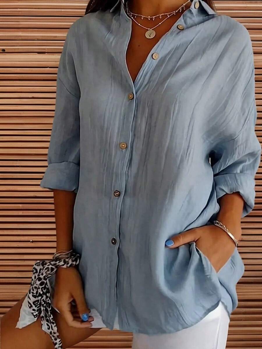 Women's Lightweight Long-Sleeved Blouse, Casual Summer Shirt - Blue 1 - View 1