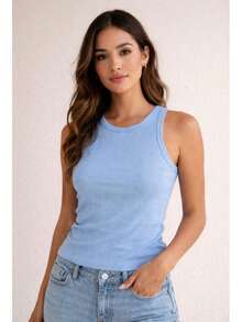 Women's Basic Ribbed Premium Sleeveless Tank Top, Comfortable, Fitted To The Body, Casual, Gym, Everyday, Women's Fashion - 淺藍色 - 查看 1