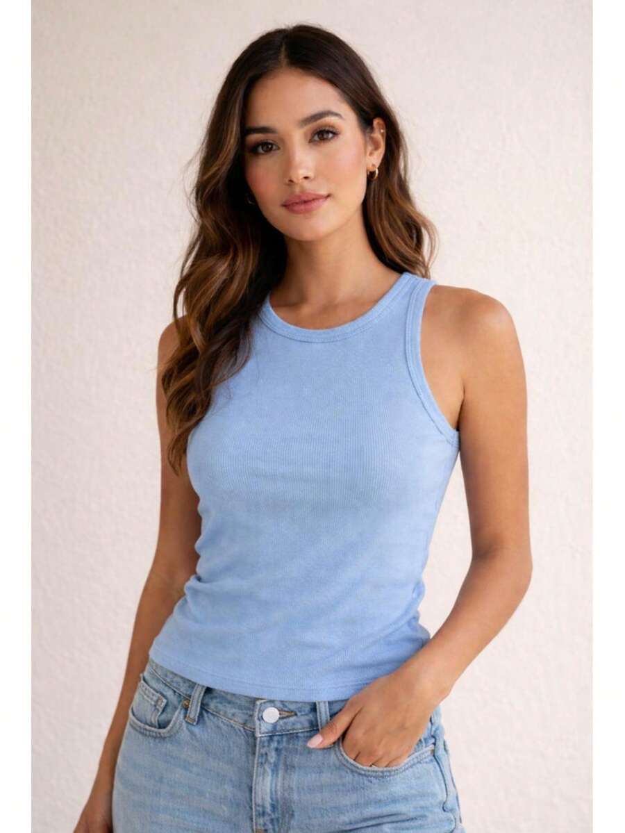 Women's Basic Ribbed Premium Sleeveless Tank Top, Comfortable, Fitted To The Body, Casual, Gym, Everyday, Women's Fashion - 淺藍色 - 查看 1