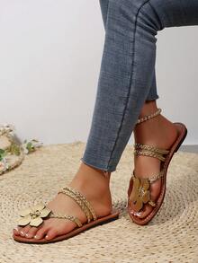 Dép xăng đan đế bằng họa tiết hoa dành cho nữ, kiểu dáng châu Âu và Mỹ, thoải mái khi mang đi biển vào mùa hè. - Vàng - Xem 2