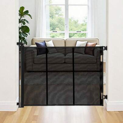Retractable Baby Gate, Extends To 163.3 Inch Extra Wide, 39 Inch Tall, With Reinforced Fiberglass Strips, Avoids Crawling Through, Mesh Dog Gate For Decks, Doorways, Garages, Indoor, Black