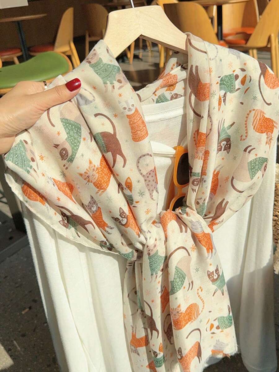 1pc Cute Cat Print Scarf, Large Shawl For Spring/Summer Outings, Sun Protection Beach Wrap, Lightweight Chiffon - Beige - View 1