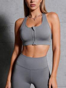 Runway Rest 1pc Zippered Seamless Sports Bra With Removable Pads - Grey - View 3