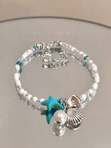 女士防水串珠沙滩脚链，可调节星形贝壳珍珠脚链，波西米亚风夏季沙滩派对礼物 - 彩色 - 查看 2