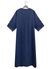 Men's Embroidered Robe For Eid, Moroccan Thobe, Solid Color Thawb, Men's Pullover Gandoura, Traditional Arabic Men's Gandoura Thobe Robe - Navy Blue - View 3