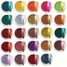 24 Colors Set Mirror Powder, Super Shiny Mermaid Nail Powder, Mirror Metal Friction Powder, Holiday DIY Nail Art, Nail Gems, Nail Art Supplies, Spring Nail Powder Mirror Effect Holographic Chameleon Pigment Powder, Suitable For Gel Nails, Nail Art, Glitter, Decorative Art - 彩色 - 查看 9
