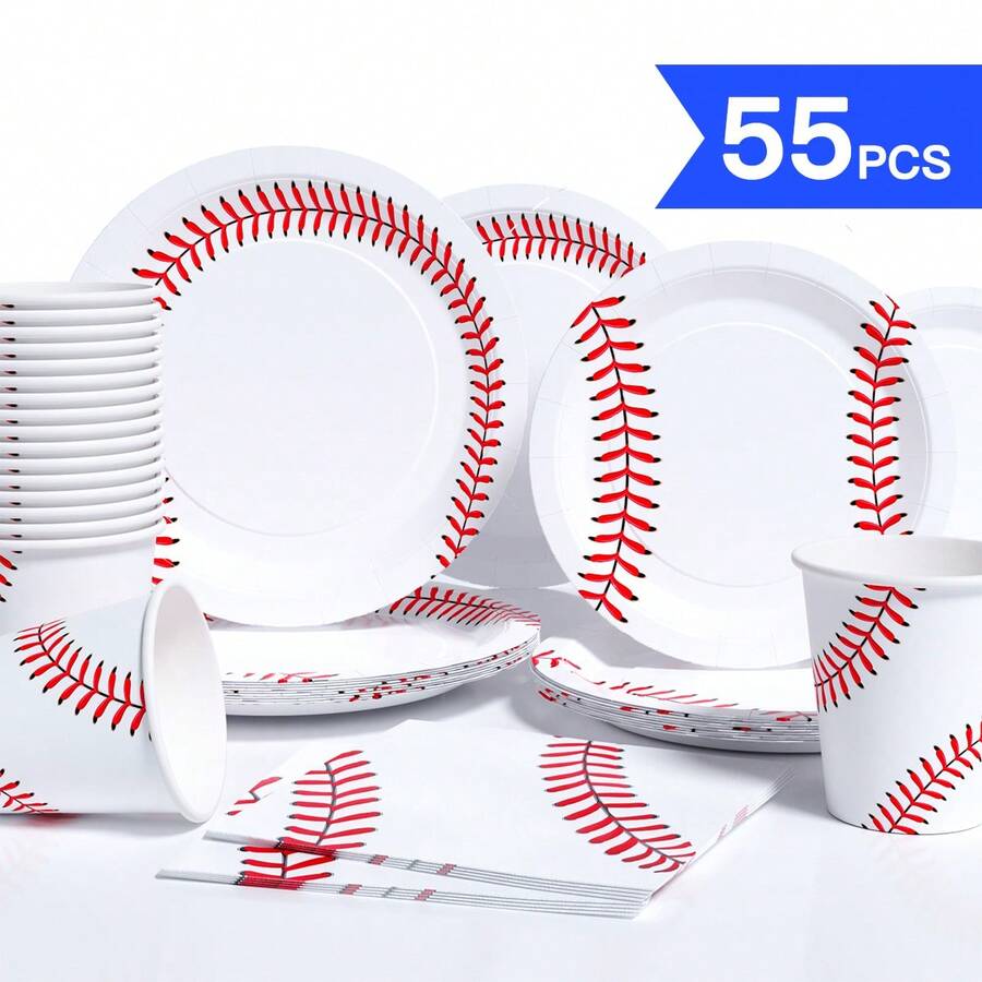 55/25/10pcs Baseball Theme Disposable Plates Napkins Cups, Disposable Party Supplies Set, Suitable For 10 Guests, Disposable Paper Plates Party Tableware Suitable For Birthday Wedding Theme Party Family Picnic - Style 3 - View 1