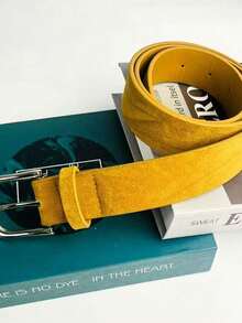 男女通用复古仿麂皮银色搭扣做旧宽腰带，适合搭配外套 - 薑色 - 查看 7