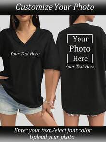 Áo nữ thiết kế theo yêu cầu - Áo cổ chữ V tùy chỉnh, thêm ảnh, họa tiết, hình in quảng cáo, khẩu hiệu, tên, số may mắn, ngày gặp mặt, ngày kỷ niệm, tự thiết kế áo hoodie/áo đồng phục nhóm in hình cá nhân hóa cho các buổi tiệc cùng bạn bè. - màu đen - Xem 1