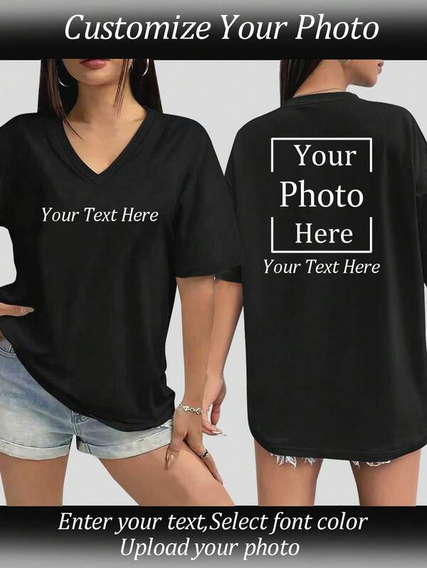 Top personalizado para mujer - Camisa de cuello en V personalizable, agrega tu foto, patrón, impresión publicitaria, eslogan, nombre, número de la suerte, fecha de reunión, aniversario, diseña tu propia sudadera/camiseta de equipo personalizada impresa para fiesta con amigos