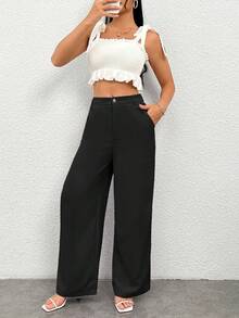 LuluRun Women's Wide Leg Tailored Pants With Elastic Waistband And Wooden Button - 黑色 - 查看 3