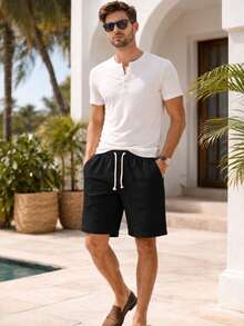 Men's Linen Shorts Summer Spring / Summer Spring Regular Fit Pocket Drawstring Knot Beach Going Out Night Weekend Casual Holiday Daily Father's Day Valentine's Day Carnival New Year Spring Festival - 黑色 - 查看 6