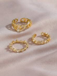 3枚独特线条几何锆石铜戒指，适合女性作为周年纪念日、生日礼物或日常佩戴。 - 金色 - 查看 3