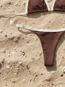 Women's Bikini With Adjustable Straps (Sizes: S/M/L/XL) Backless Tie-Front Beach Vacation No Padding Tan Lines Adjustable Bottom - Brown and Beige - View 3