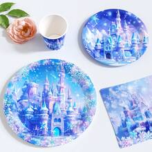 10件套一次性冰雪奇缘城堡主题餐盘、餐巾纸、杯子，适合10位客人使用，一次性纸盘餐具，适用于生日、婚礼、主题派对、家庭野餐等场合。 - 款式2 - 查看 4