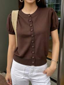 GIGOGOU Áo khoác cardigan dệt kim tay ngắn cho nữ mùa xuân hè, kiểu dáng thoải mái, thoáng khí, ôm sát, đơn giản. - Cà phê nâu - Xem 2