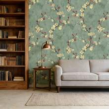 1卷复古绿色梅花和黄色花卉壁纸 - 3D加厚，防水，防污，易清洁，自粘式接触纸，适用于优雅家居装饰、厨房橱柜、桌面和房间背景，花卉PVC剥离粘贴壁纸 - 綠色 - 查看 5