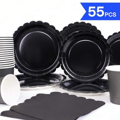 Black Petal Shaped Disposable Plates, Napkins, Cups - One-Time Party Supplies Set, Suitable For 10 Guests, Disposable Paper Plates Party Tableware For Birthday, Wedding, Theme Party, Family Picnic