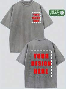 Men's Relaxed Fit Heavyweight 230g Washed Pure Cotton T-Shirt, Custom Double-Sided Logo Text Printing, Short Sleeve Round Neck Custom Tee - Grey - View 1