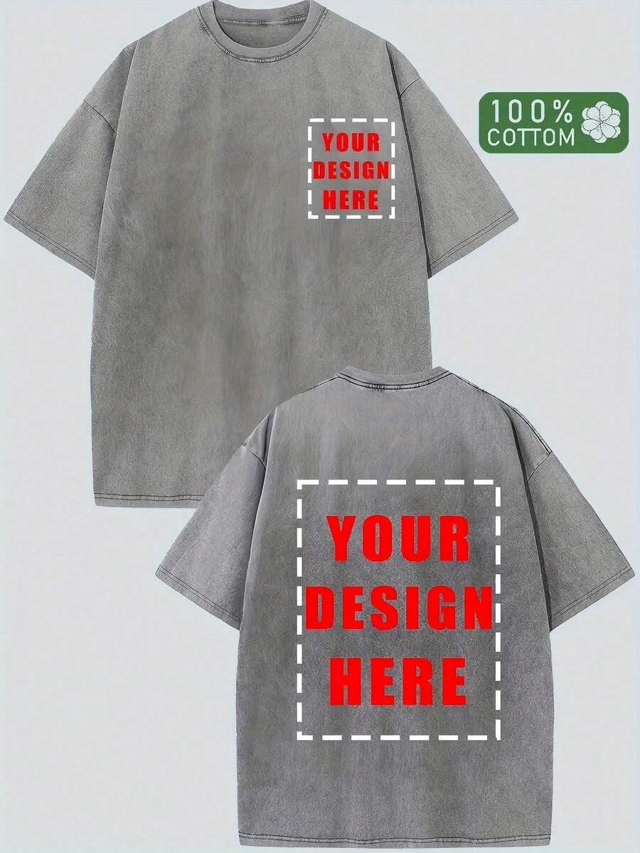 Men's Relaxed Fit Heavyweight 230g Washed Pure Cotton T-Shirt, Custom Double-Sided Logo Text Printing, Short Sleeve Round Neck Custom Tee - Grey - View 1