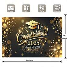 2D Flat, 1 Piece Graduation Congratulation  Elegant Gold & Graduation Design, With Shiny Confetti & 2025 Numbers  Polyester Party Decoration, Suitable 2025 Graduates, Four Seasons Indoor/Outdoor Wall Decoration, Suitable Home, Office - 多色 - 查看 5
