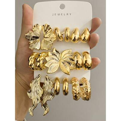 Set de 6/18 piezas de aretes de moda en tono dorado para mujeres, incluye flores para la oreja izquierda y derecha, flores de cinco pétalos, lágrima, corazón, diseños de pequeña forma de C, elegante y estiloso, adecuado para uso diario, reuniones y fiestas. Gran regalo para novias, madres.