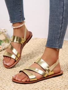 Giày sandal đế bằng nữ kiểu dáng châu Âu và Mỹ, thoải mái, mũi tròn, gót thấp, thích hợp đi biển mùa hè. - Vàng - Xem 4