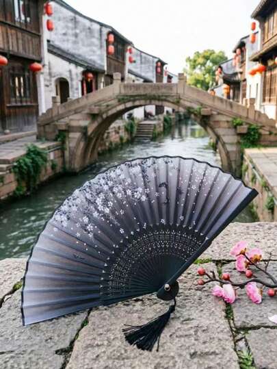 1pc Elegant Chinese Style Folding Fan, Printed With Floral Pattern And Tassel Decor, Suitable For Hanfu, Dance, Summer Decoration, And As A Refined Gift