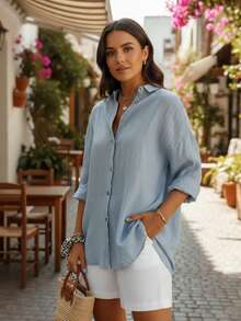 Women's Lightweight Long-Sleeved Blouse, Casual Summer Shirt - Xanh dương 1 - Xem 1