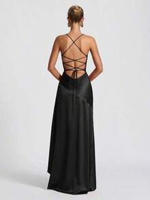 Women's Solid Color Spaghetti Strap Sexy Tie-Up Ruffle Hem Slit Dress - Black - View 3