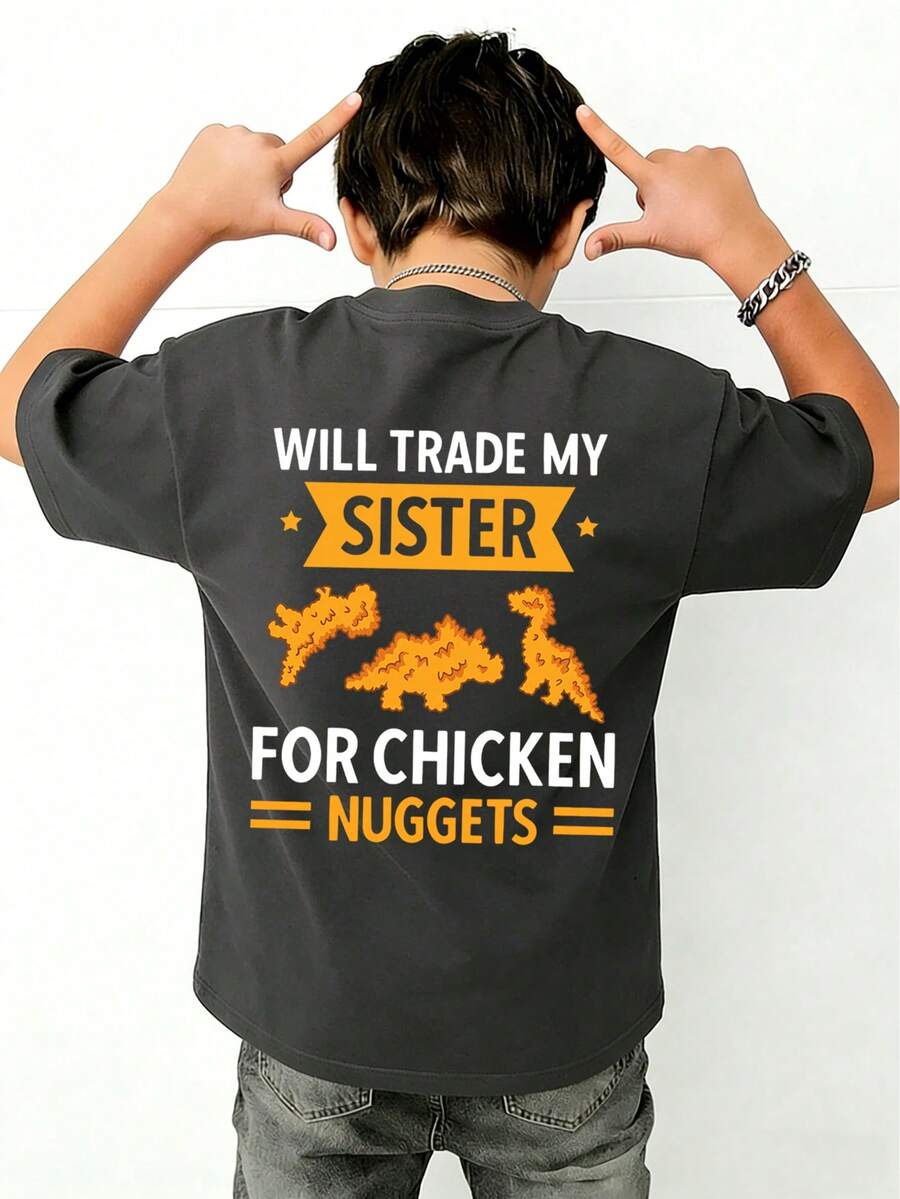 Tween Boy Casual Graphic Print Crew Neck Short Sleeve T-Shirt, Summer Top - Dark Grey - View 1