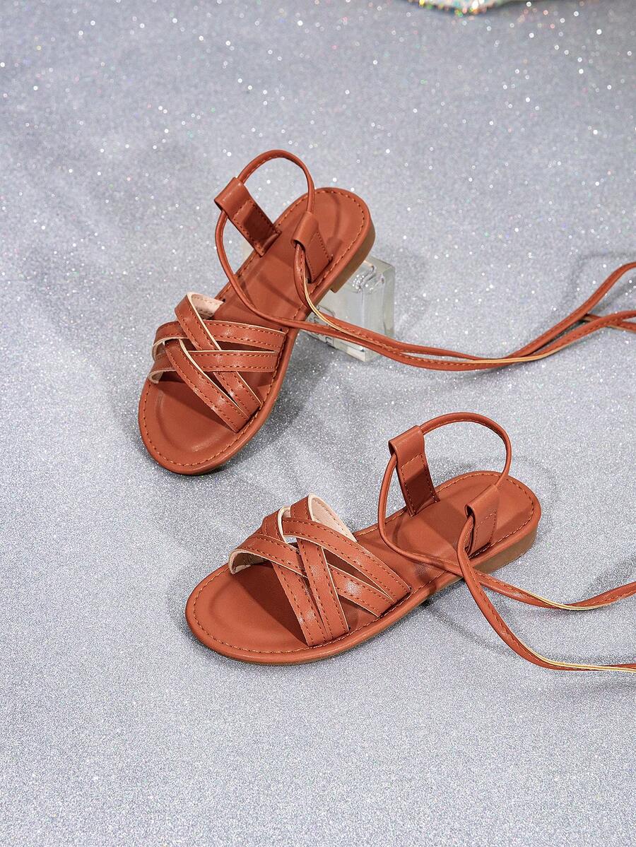Girls' Striped Woven Fashionable Versatile Lace-Up Flat Sandals - Brown - View 1