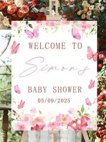 1pc Customized Welcome Sign, Pink Butterfly & Floral Decor, Personalized Birthday Party Decoration Board Prop - Multicolor - View 6