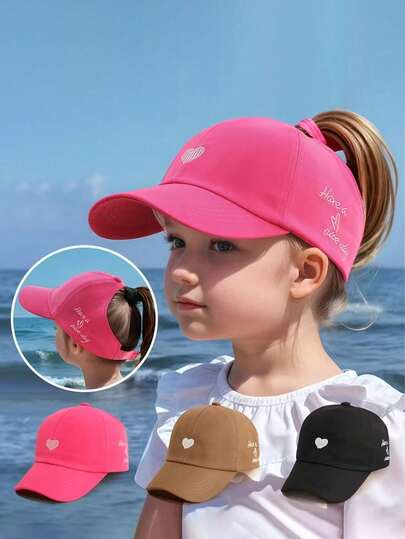 Adjustable Heart Embroidered Solid Color Baseball Cap For Kids, Suitable For Daily Wear, Outdoor Sports, Beach Vacation, Sun Protection, Fits Ages 3-8, 4 Colors