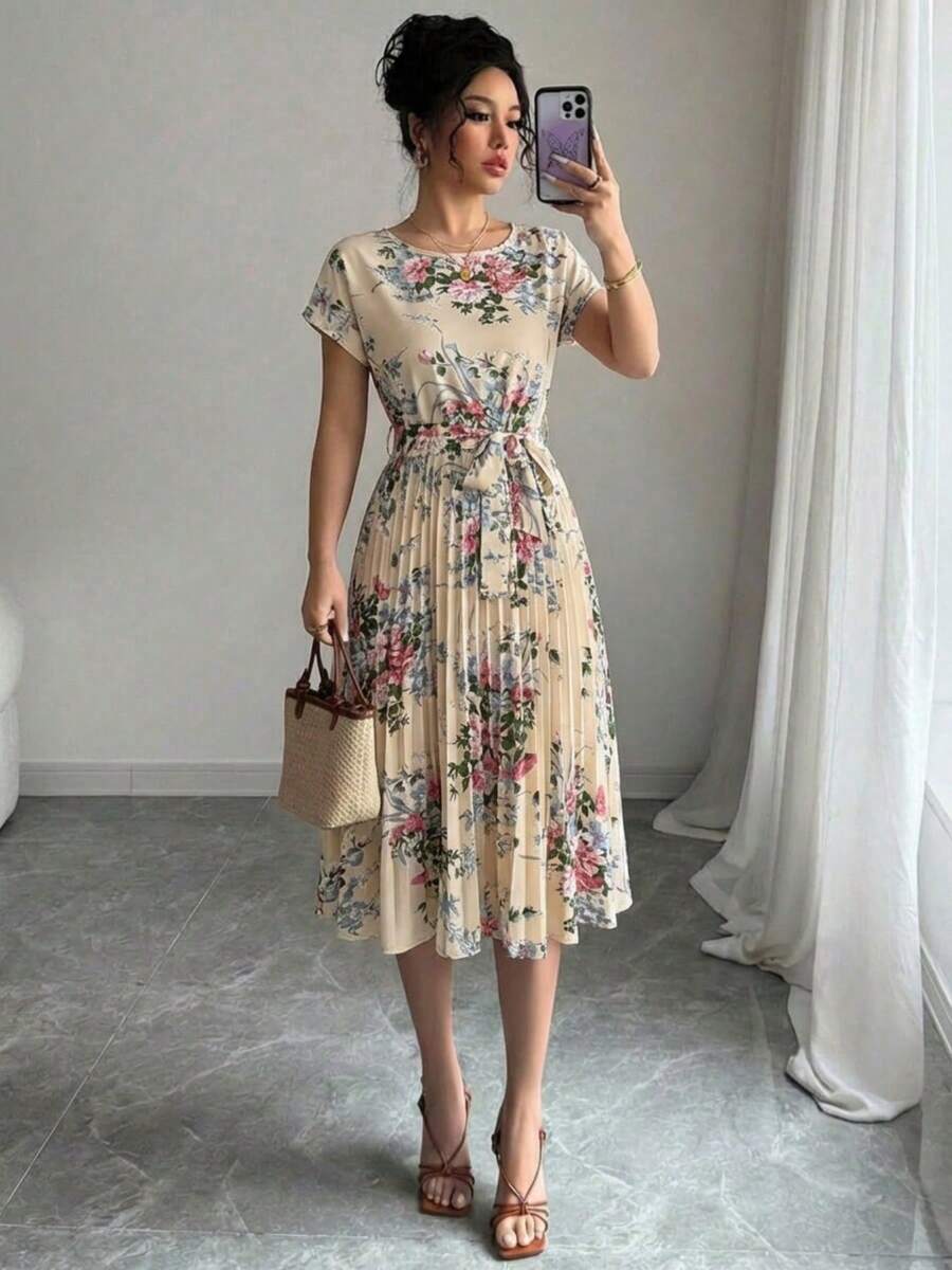 Summer Boho Floral Tiered Dress Women's Short Sleeve Crewneck Tie Front Pleated Flounce Hem Maxi Beach Vacation Dress - 杏色 - 查看 1
