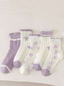5双装女童春夏中筒袜，紫色蕾丝、网眼、蝴蝶结装饰，透气 - 彩色 - 查看 11