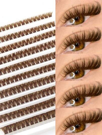 200pcs Fluffy Brown Lashes 80D Curly Colored Thick Coffee Brown Cat Eye Lashes, Natural Brown Color Soft Fan-Shaped Lashes For DIY Lash Extension, Suitable For Home, Travel And Daily Makeup