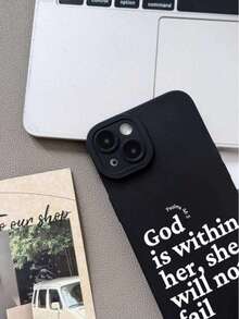 1pc Minimalist Slogan & Jesus Angel Eye Frosted Full Coverage Lens TPU Phone Case Compatible With Iphone 16 15 14 13 12 11 Pro Max X XS XR 8 7 Plus - Black - View 2