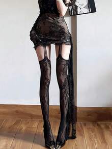 1双性感宝贝黑色吊袜带，系带设计，独特亚文化系带图案，过膝Y2K渔网袜 - 黑色 - 查看 3