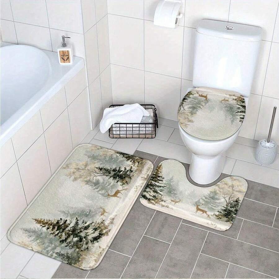Juego de 3 alfombras de baño navideñas, con diseño de ciervos en un bosque de cedros, incluye alfombra de baño, alfombra contorneada y tapa de inodoro, adecuado para cocina, baño y dormitorio, alfombra de piso lavable - Multicolor - Ver 1