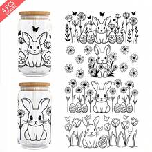 4张兔子和花朵图案的UV DTF转印贴纸，适用于16盎司Libbey玻璃杯（9.4x4.3英寸），可爱纯色花朵防水贴纸，无需加热 - 兔子花 - 查看 1