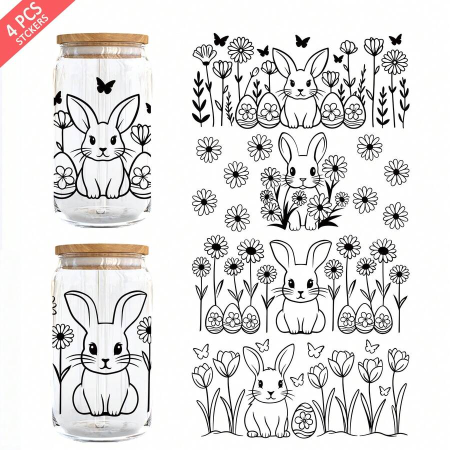 4张兔子和花朵图案的UV DTF转印贴纸，适用于16盎司Libbey玻璃杯（9.4x4.3英寸），可爱纯色花朵防水贴纸，无需加热 - 兔子花 - 查看 1