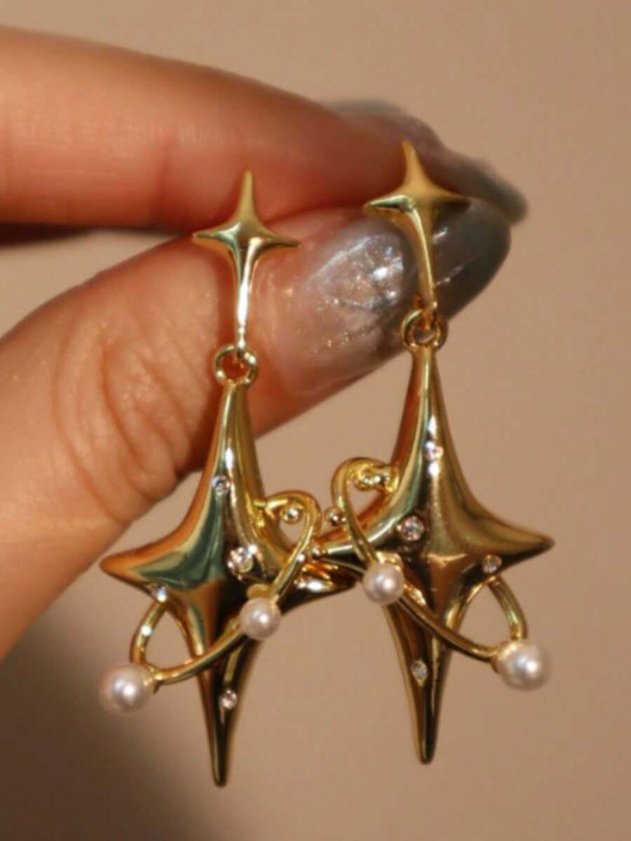 1 Pair Fashionable Starburst Cross Star Earrings, Design Versatile Daily & Party Earrings For Women - Gold - View 1