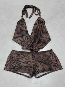 Women's Leopard Print Draped Cowl Neck Tie Backless Halter Top & Shorts Sexy 2 Piece Set - màu nâu - Xem 10