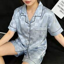 Ice Silk Short-Sleeved Pajamas Loungewear Summer Thin Plaid Pajamas Women's Sweet And Cute Silk Two-Piece Suit Summer LoungewearLeisure, Anti-Static, Breathable, For Sleeping, For Bathing, Elastic, Antibacterial, For Home Use, Warm, Comfortable, Moisture-Wicking And Breathable, Can Be Worn Outdoors - 藍色格子雙短 - 查看 6