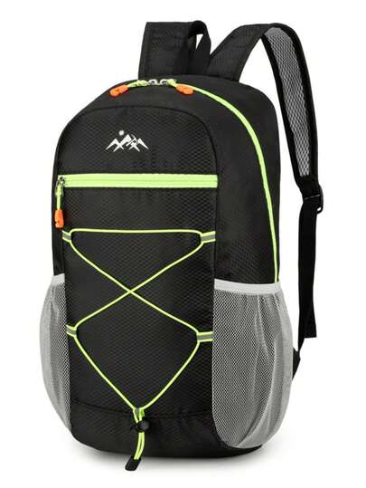 1pc Mountain Peak Embroidery Nylon Mesh Breathable Lightweight Foldable Zipper Closure Outdoor Casual Backpack, Suitable For Short Trips And Daily Commute