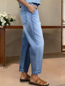 女士七分牛仔裤，做旧牛仔布，纽扣门襟，休闲约会装，春季款 - 淺色水洗藍 - 查看 5
